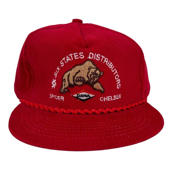Vtg Six States Distributors Corduroy Snapback Trucker Hat Cap Headliner 80s Red - Picture 2 of 11